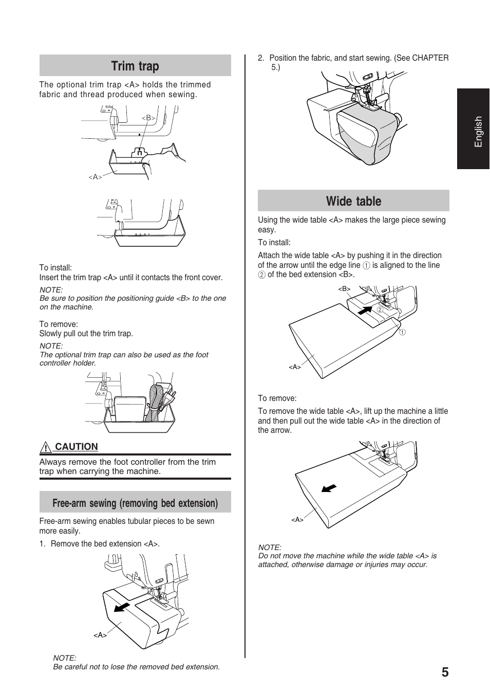 Trim trap, Wide table, Free-arm sewing (removing bed extension) | Brother 4234D User Manual | Page 9 / 80