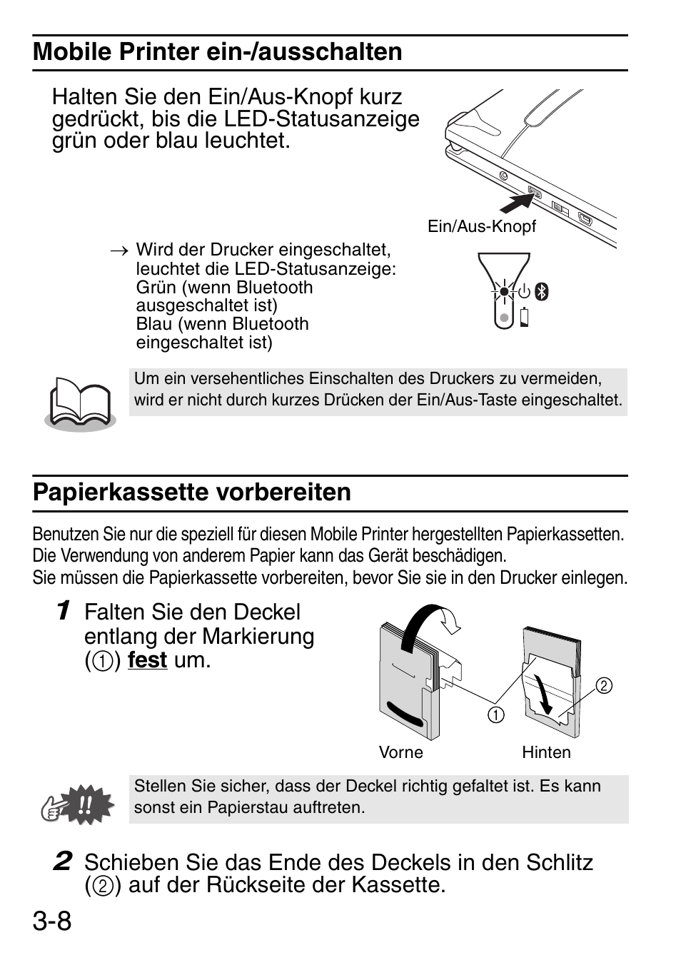 Mobile printer ein-/ausschalten, Papierkassette vorbereiten | Brother MW-145BT User Manual | Page 29 / 92