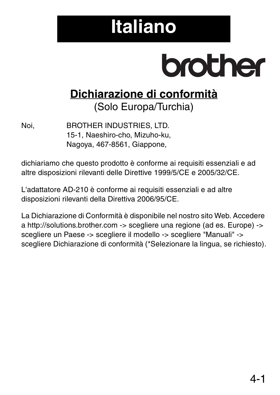 Italiano, 1 dichiarazione di conformità | Brother MW-145BT User Manual | Page 32 / 92