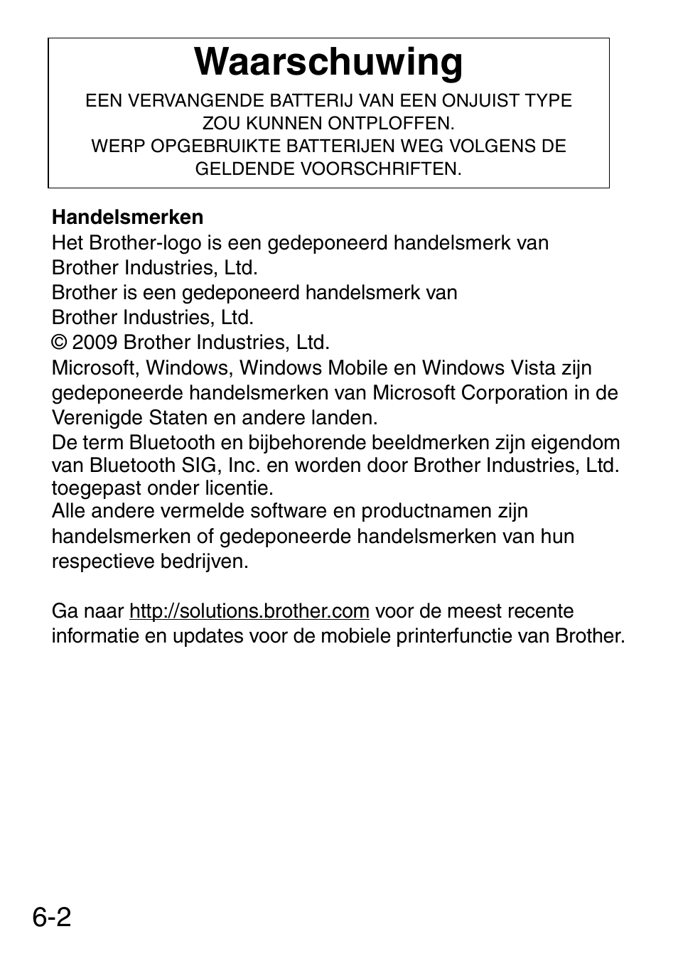 Waarschuwing | Brother MW-145BT User Manual | Page 53 / 92