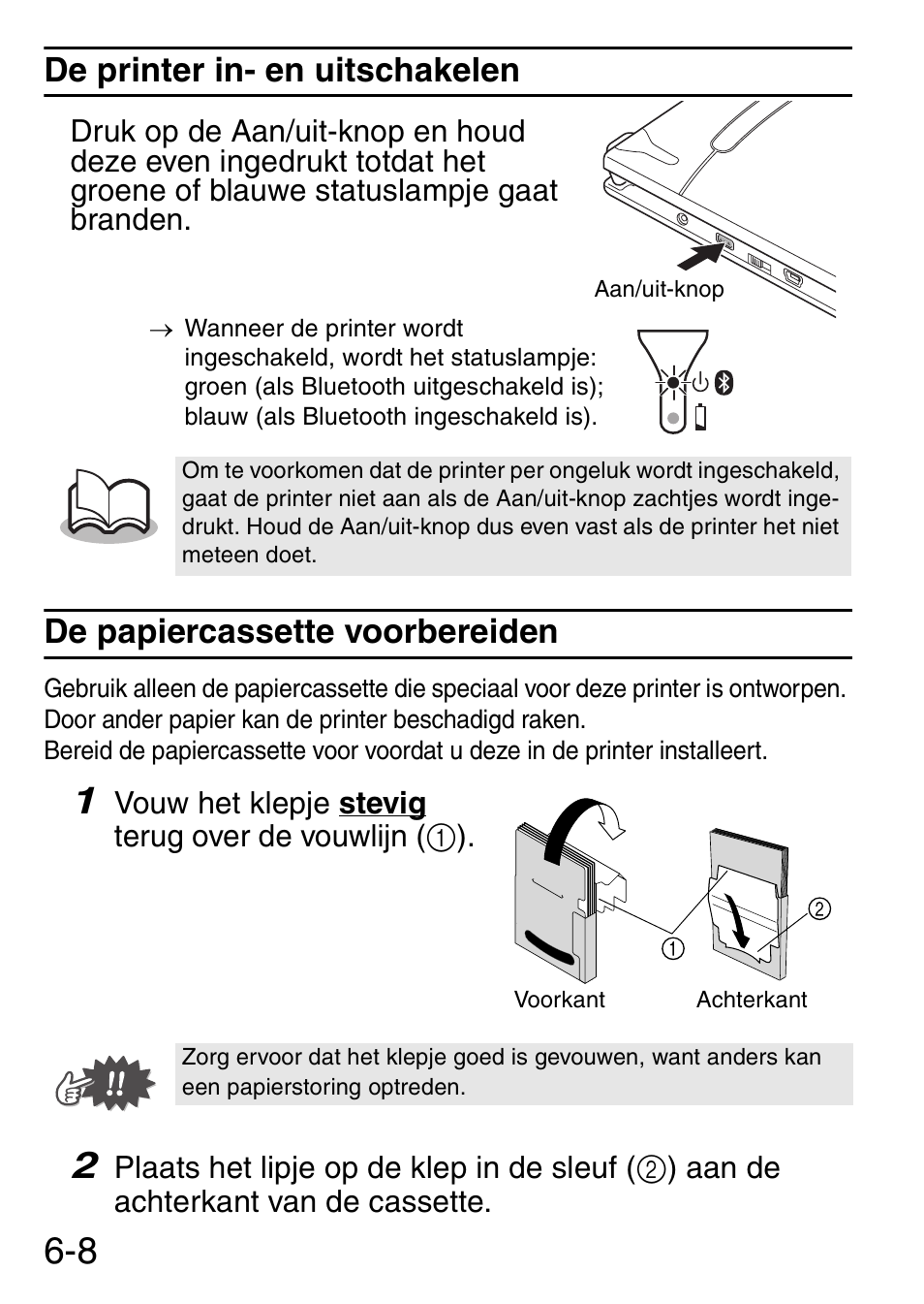 De printer in- en uitschakelen, De papiercassette voorbereiden | Brother MW-145BT User Manual | Page 59 / 92