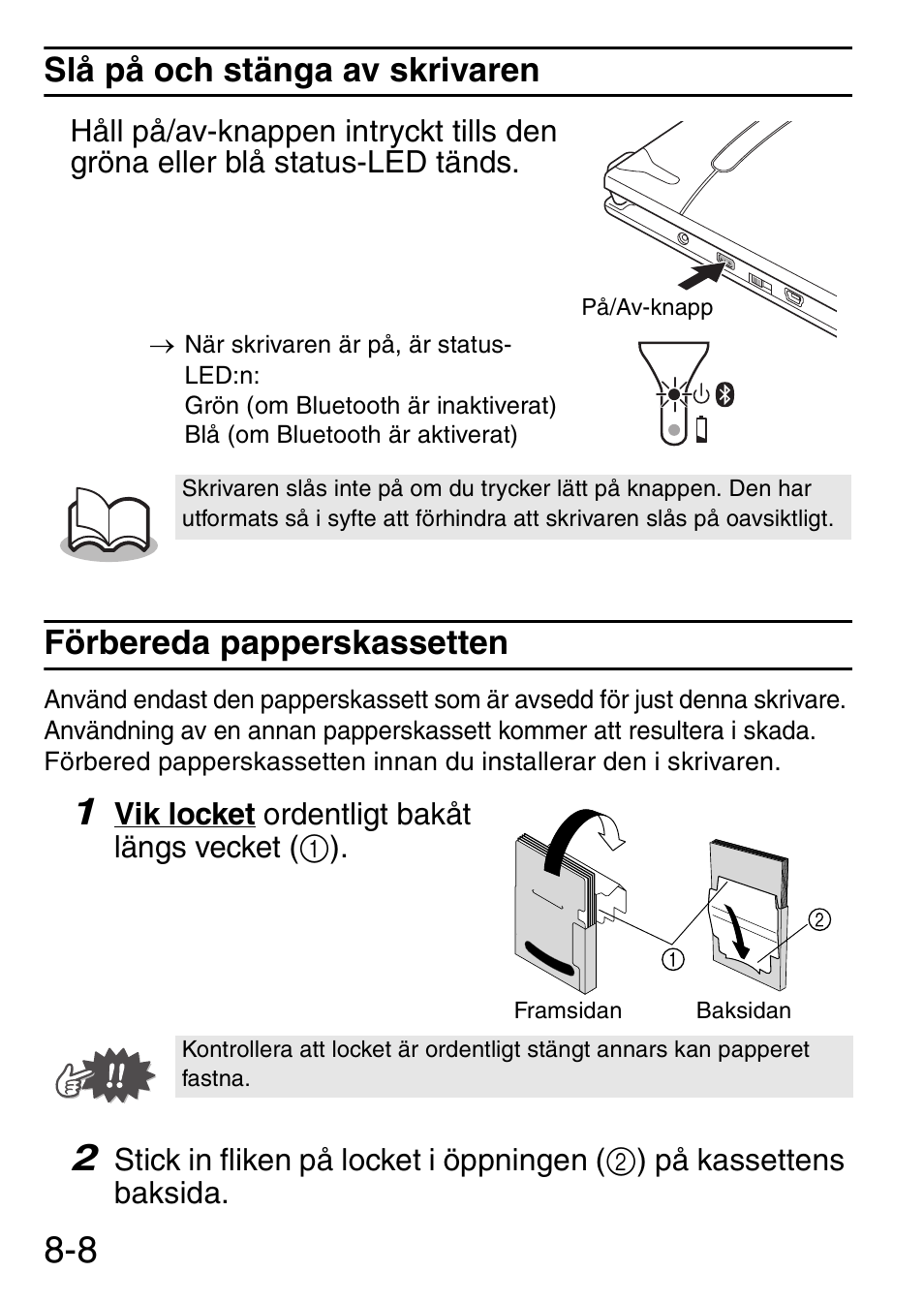 Slå på och stänga av skrivaren, Förbereda papperskassetten | Brother MW-145BT User Manual | Page 79 / 92