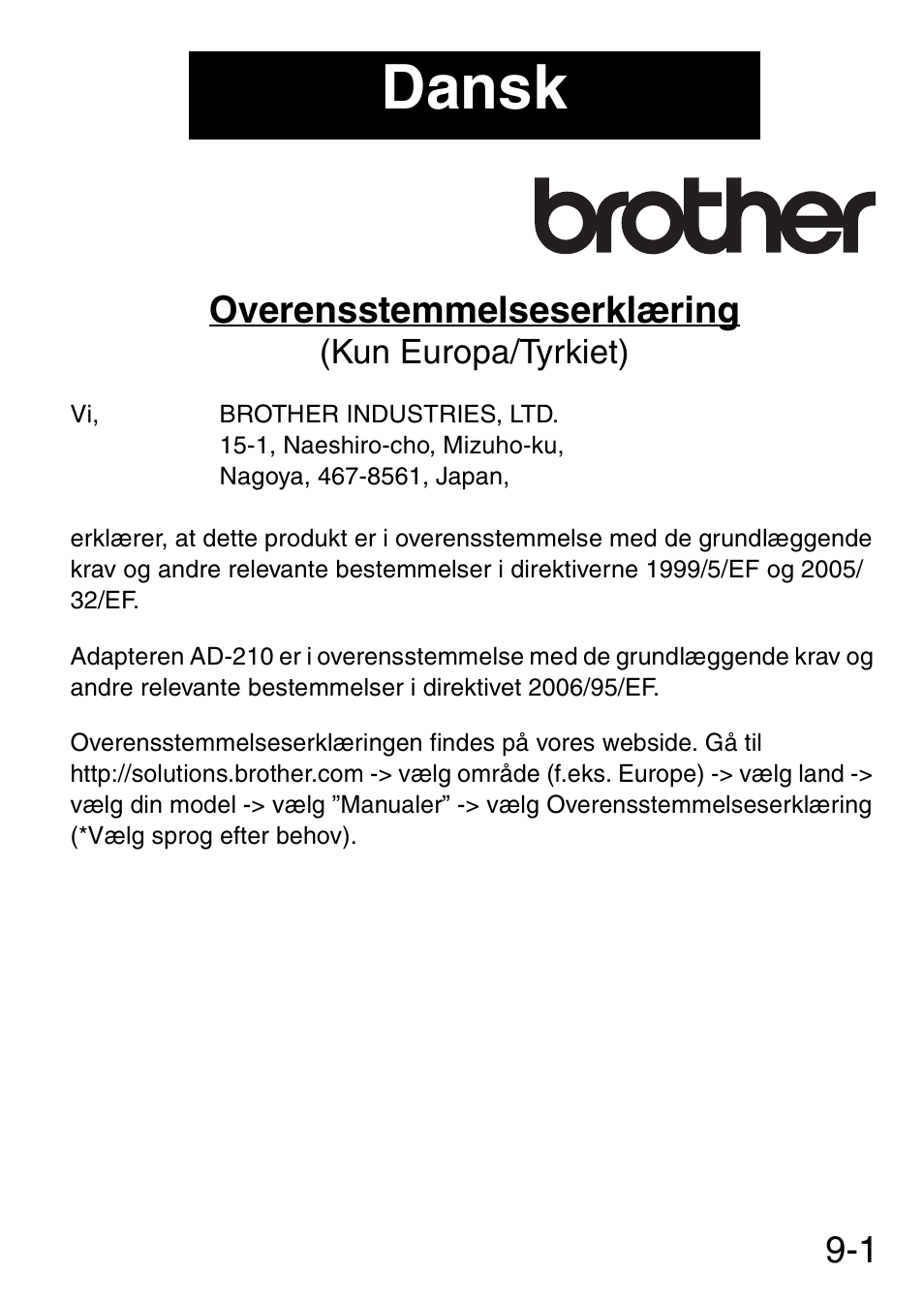 Dansk, 1 overensstemmelseserklæring | Brother MW-145BT User Manual | Page 82 / 92