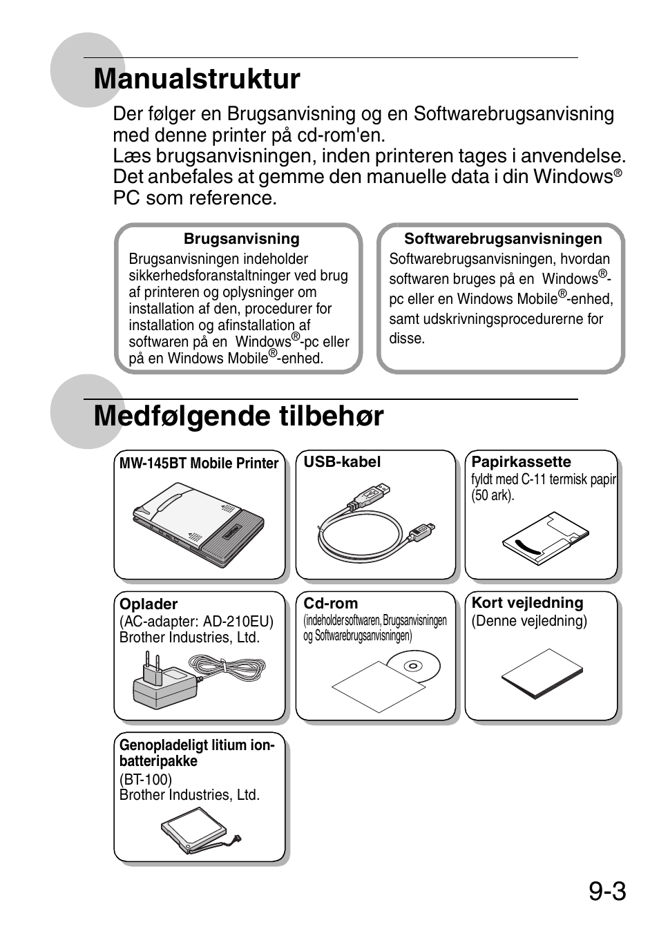 Manualstruktur, Medfølgende tilbehør | Brother MW-145BT User Manual | Page 84 / 92
