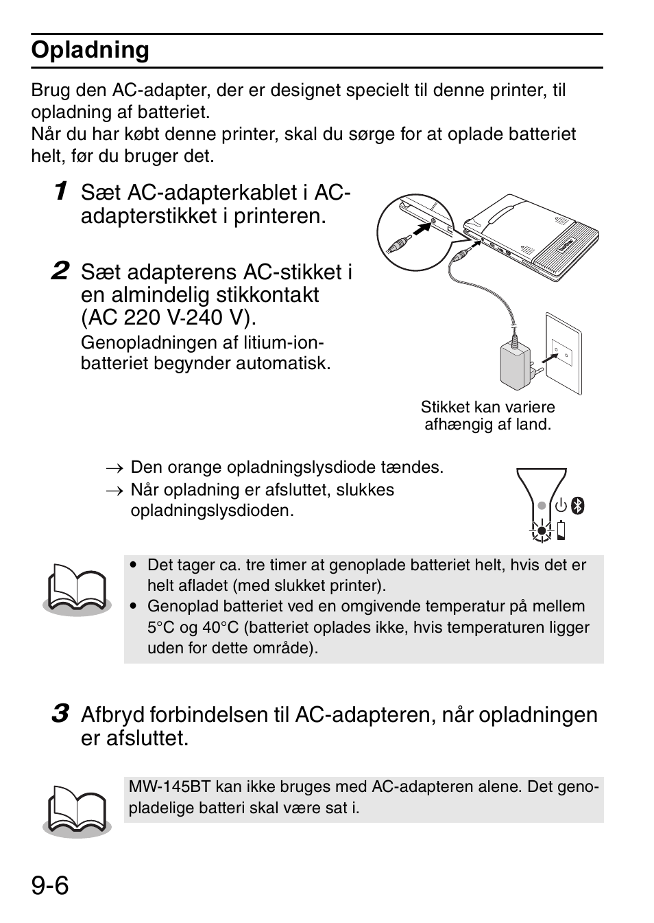 Opladning | Brother MW-145BT User Manual | Page 87 / 92
