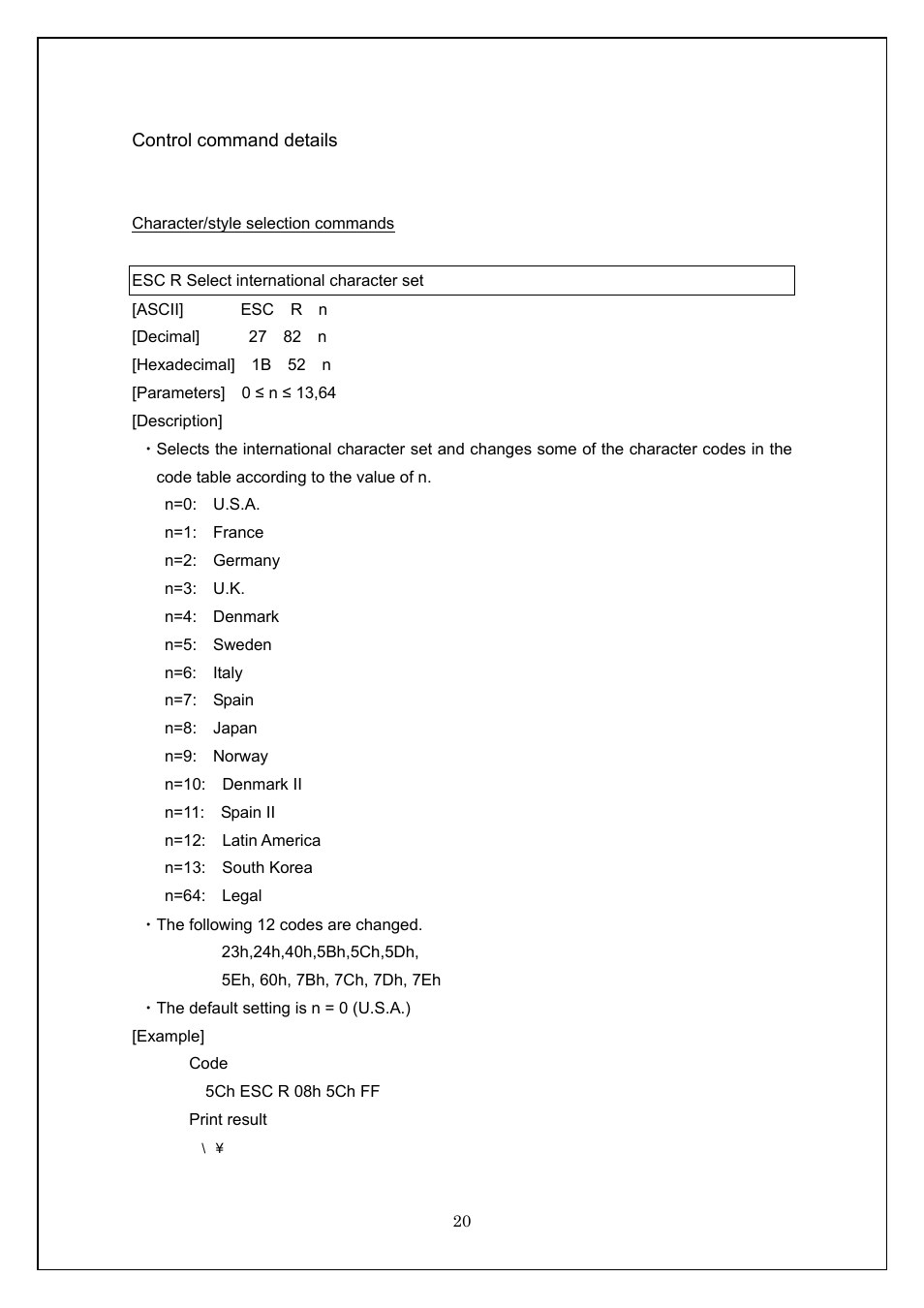 Control command details, Character/style selection commands, Esc r select international character set | Brother TD-4100N User Manual | Page 20 / 115