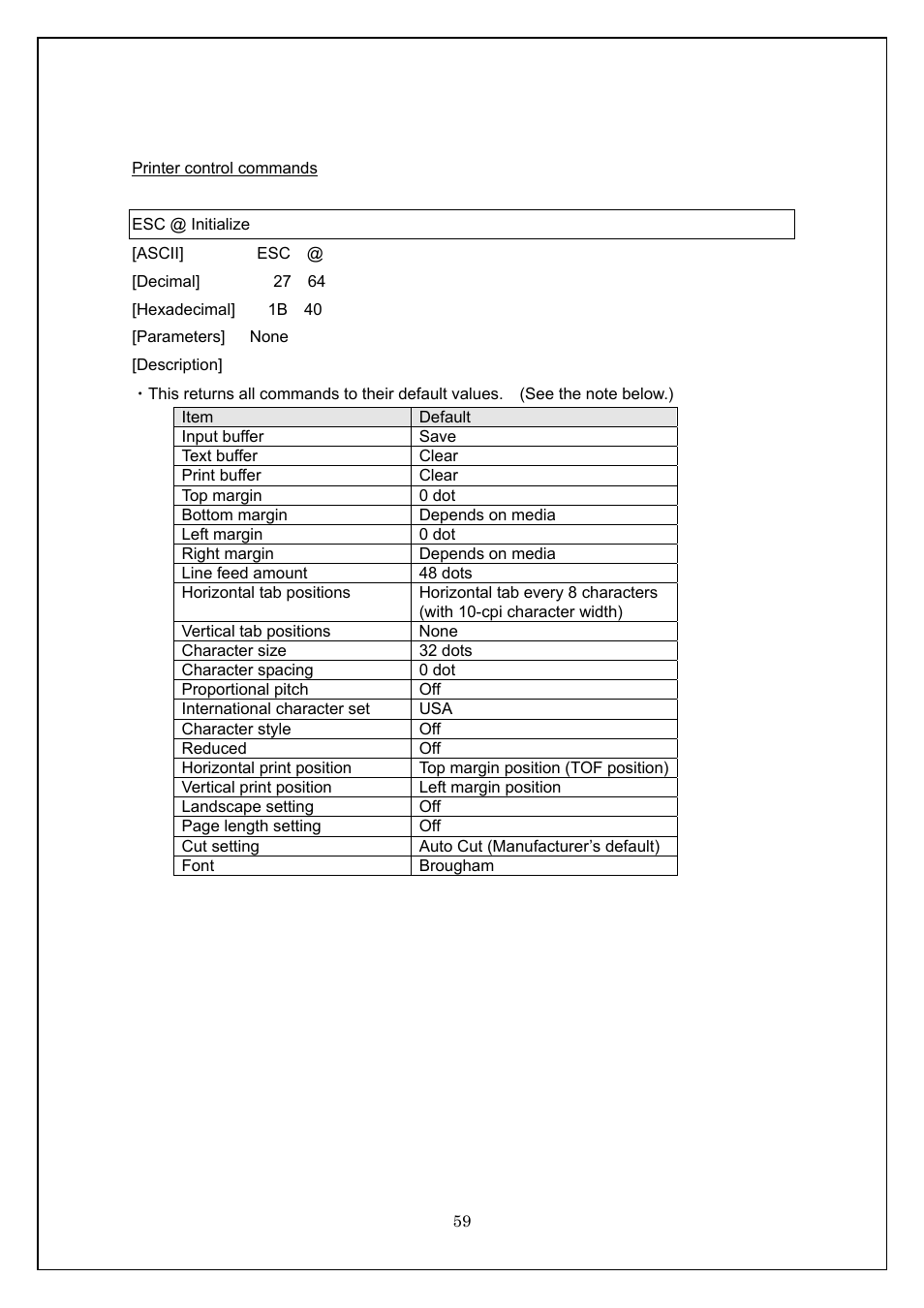 Printer control commands, Esc @ initialize | Brother TD-4100N User Manual | Page 59 / 115