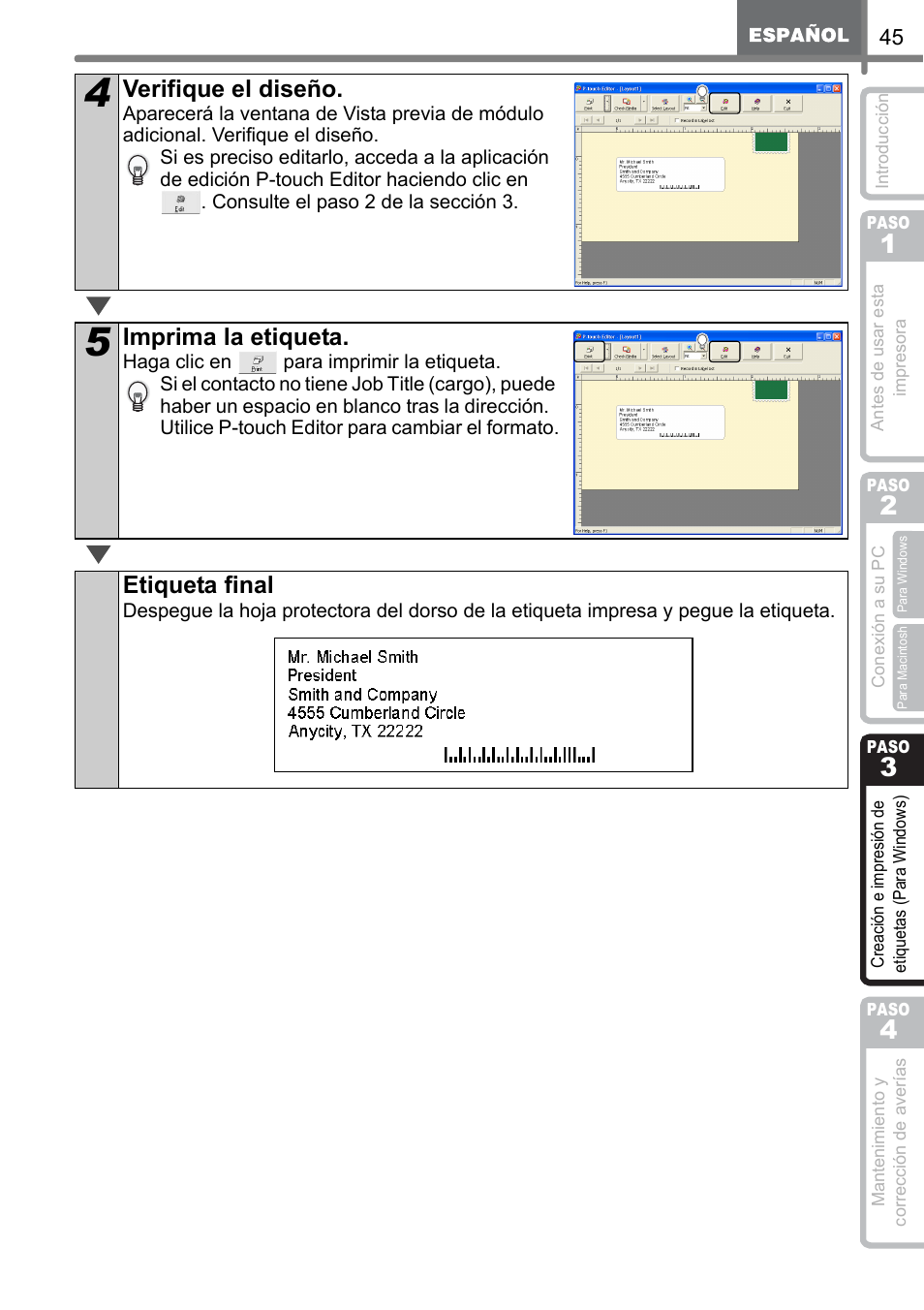 Verifique el diseño, Imprima la etiqueta, Etiqueta final | Brother QL-500 User Manual | Page 103 / 118