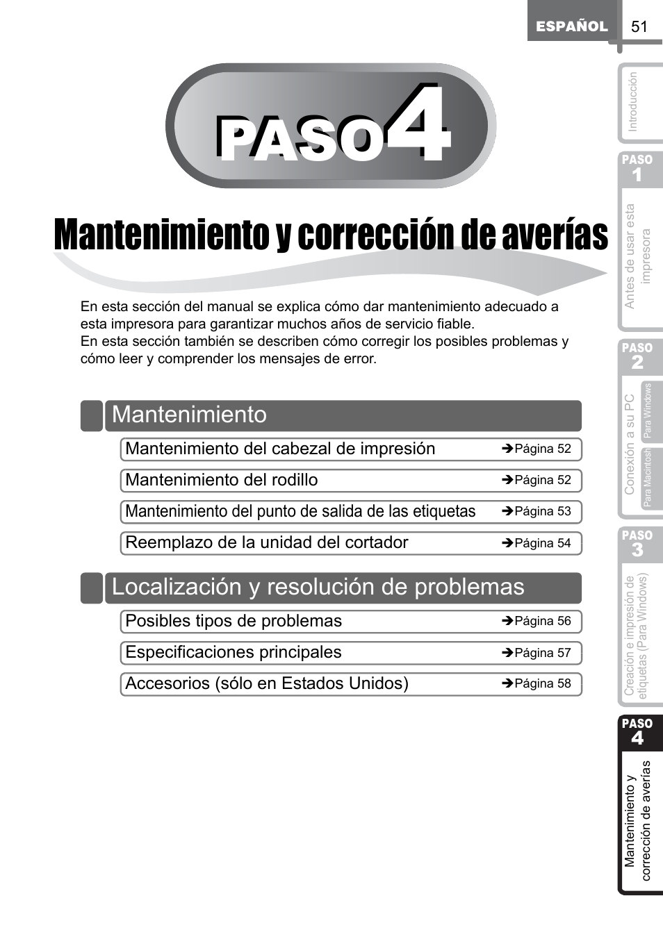 Mantenimiento y corrección de averías, Mantenimiento y, Corr | Ección de averí, Step, Paso | Brother QL-500 User Manual | Page 109 / 118