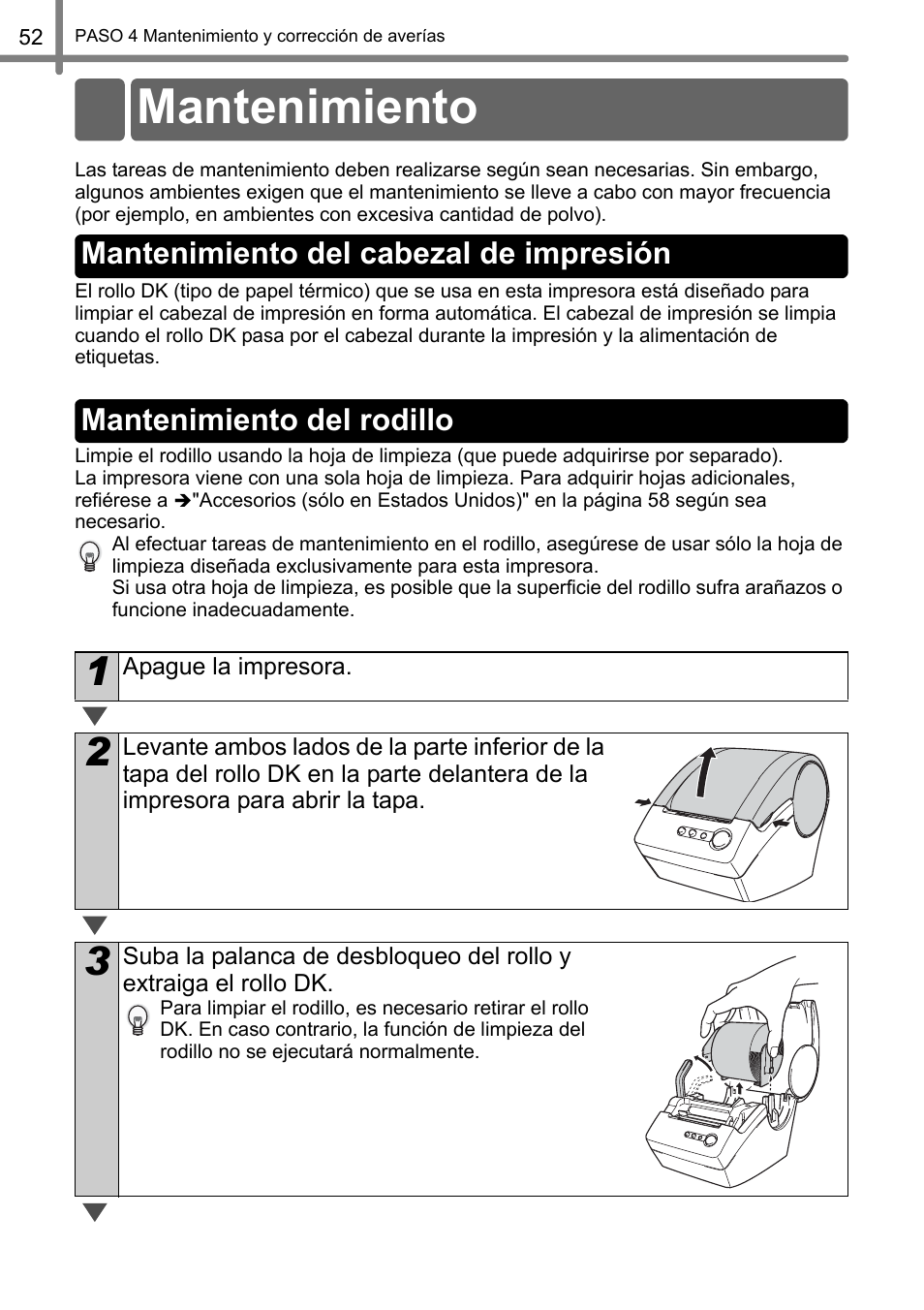 Mantenimiento, Mantenimiento del cabezal de impresión, Mantenimiento del rodillo | Brother QL-500 User Manual | Page 110 / 118