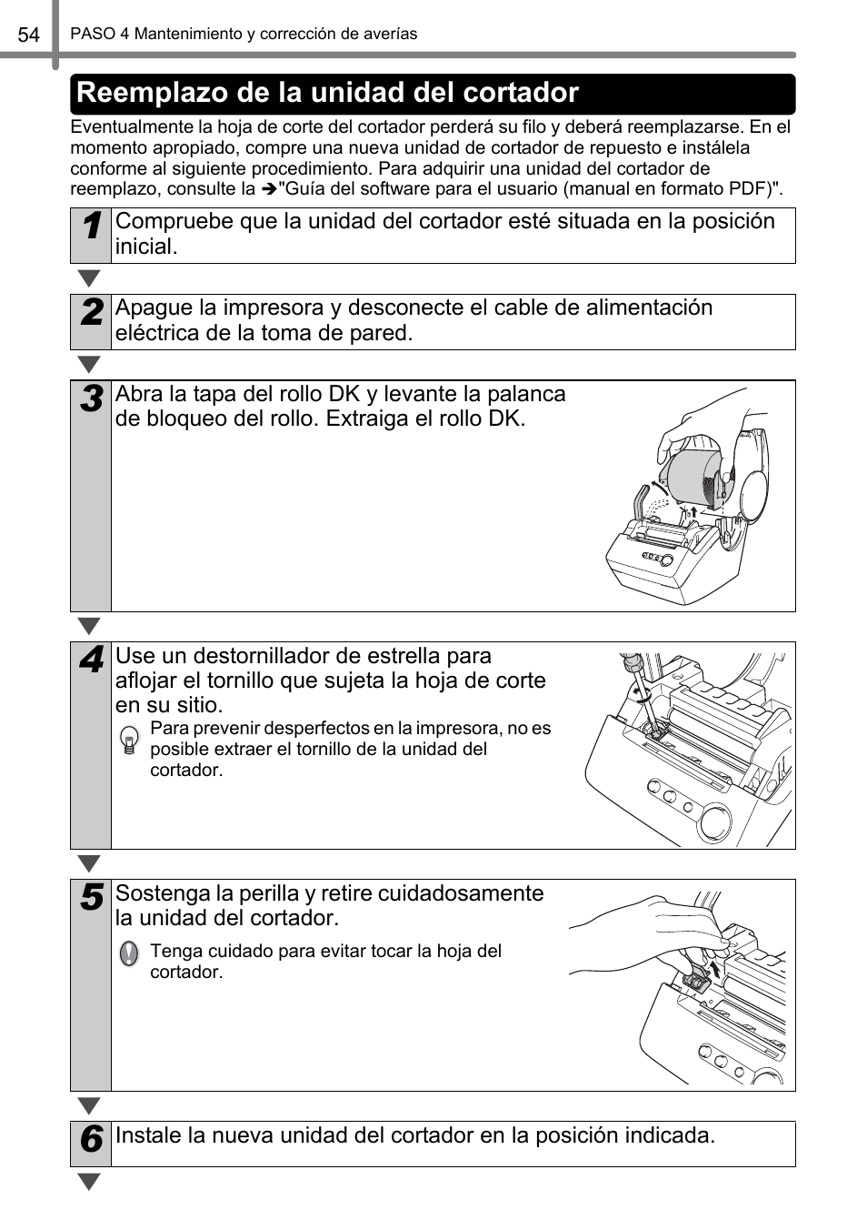 Reemplazo de la unidad del cortador | Brother QL-500 User Manual | Page 112 / 118
