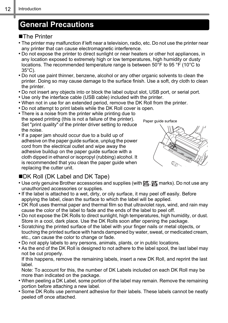General precautions | Brother QL-500 User Manual | Page 12 / 118