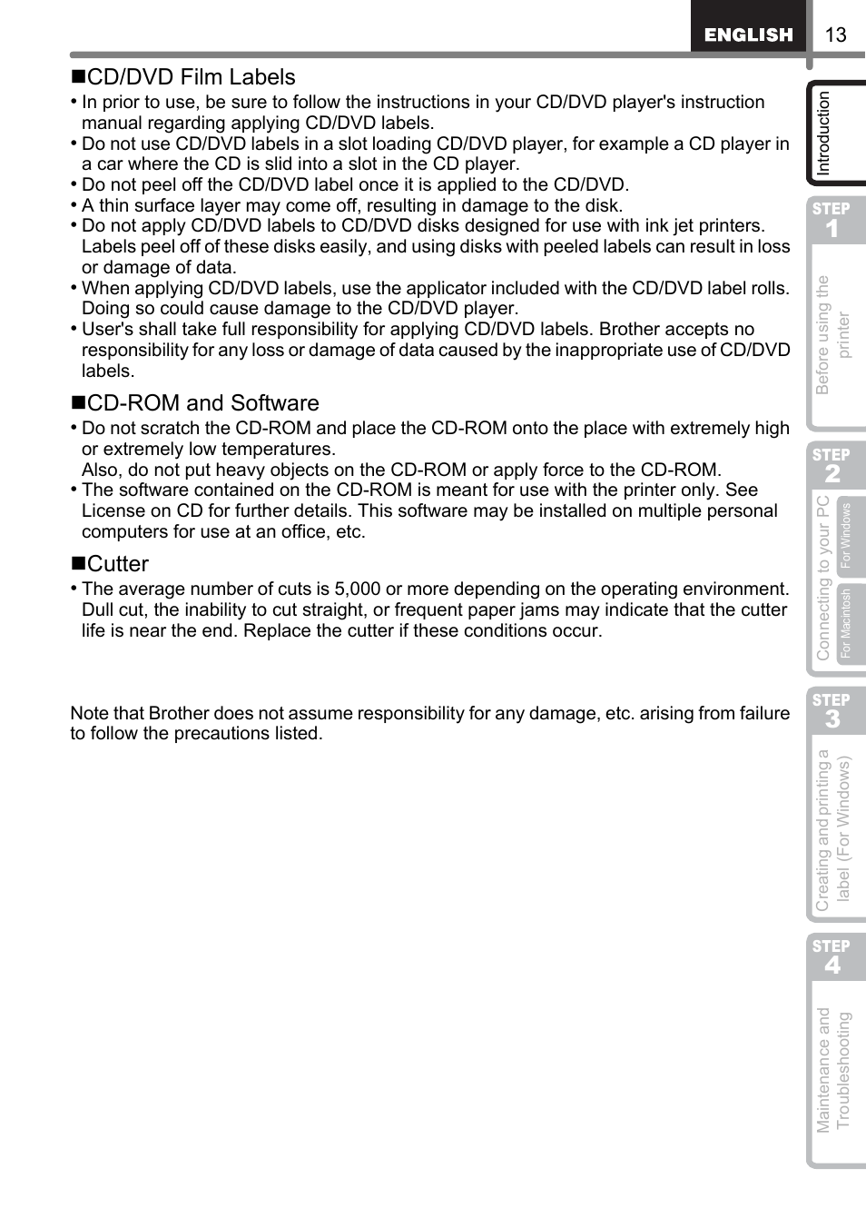 Cd/dvd film labels, Cd-rom and software, Cutter | Brother QL-500 User Manual | Page 13 / 118