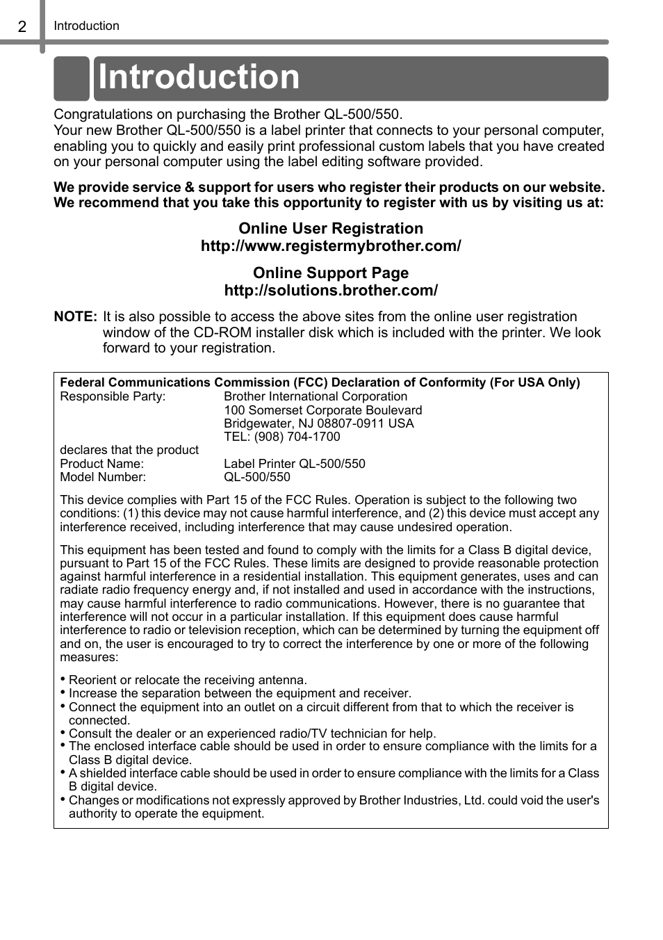Introduction | Brother QL-500 User Manual | Page 2 / 118