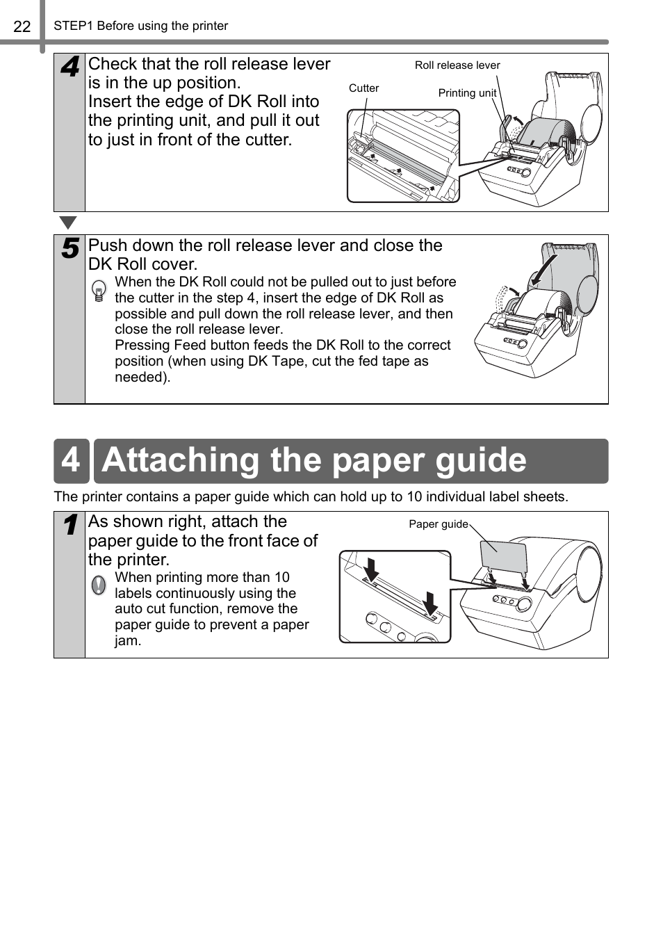 Attaching the paper guide, 4 attaching the paper guide | Brother QL-500 User Manual | Page 22 / 118
