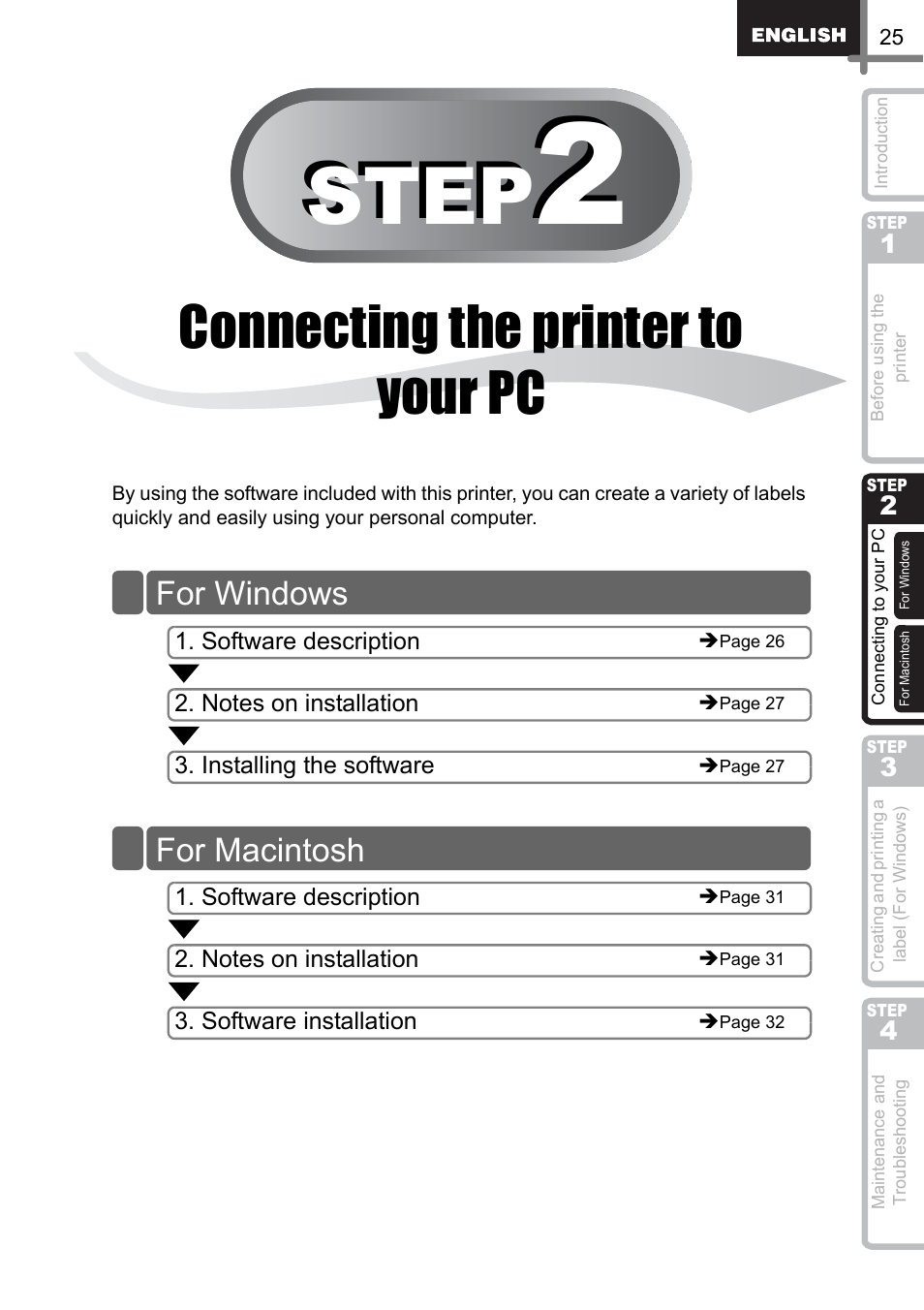Connecting the printer to your pc, Step, For windows for macintosh | Brother QL-500 User Manual | Page 25 / 118