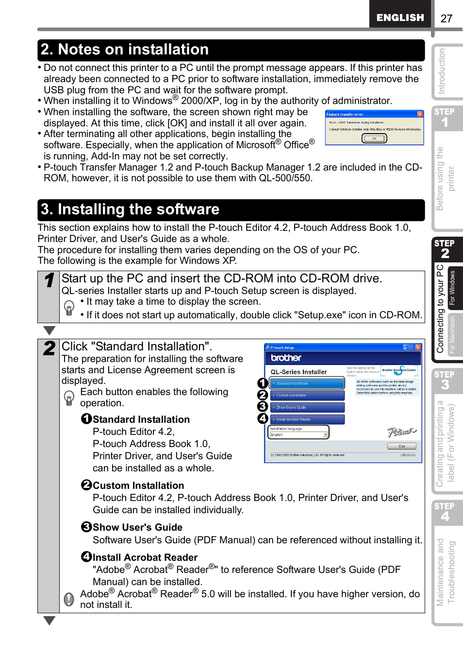 Notes on installation, Installing the software, Click "standard installation | Brother QL-500 User Manual | Page 27 / 118