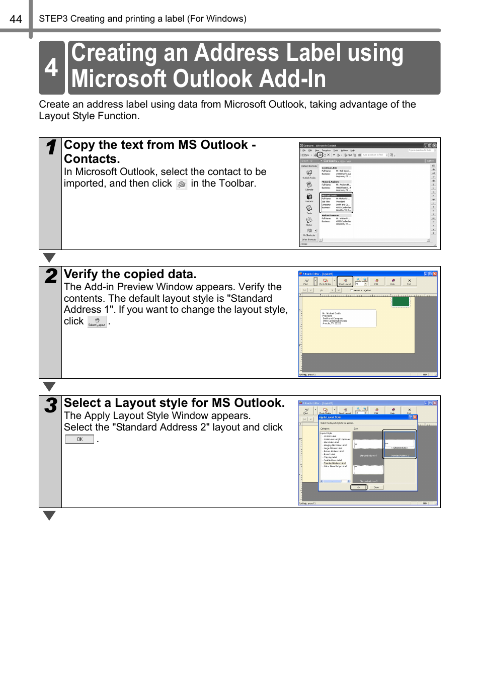 Creating an address label using, Microsoft outlook add-in | Brother QL-500 User Manual | Page 44 / 118