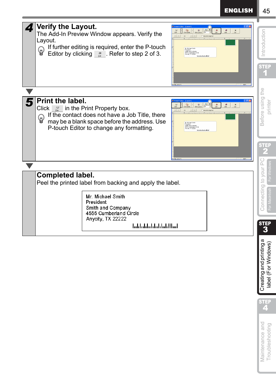 Verify the layout, Print the label, Completed label | Brother QL-500 User Manual | Page 45 / 118