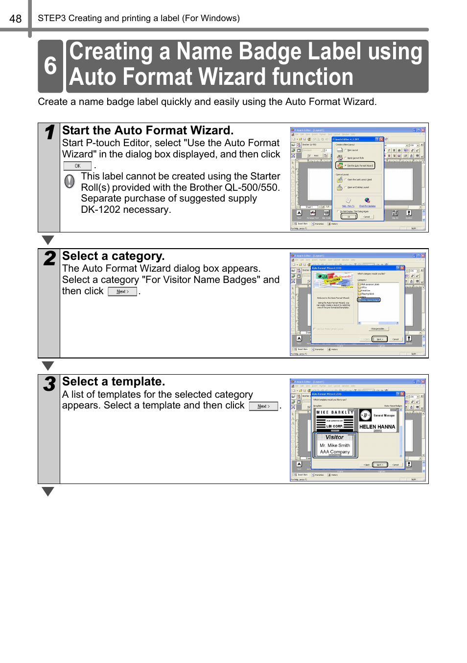 Creating a name badge label, Using auto format wizard function | Brother QL-500 User Manual | Page 48 / 118