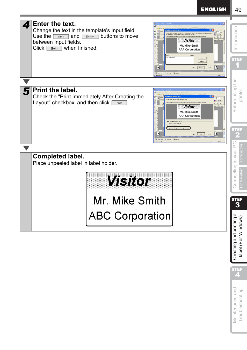 Enter the text, Print the label, Completed label | Brother QL-500 User Manual | Page 49 / 118