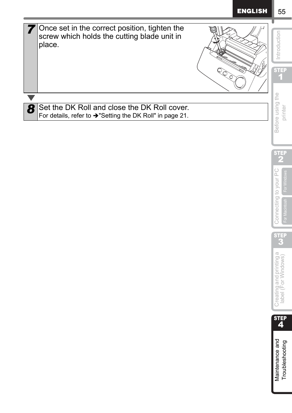 Set the dk roll and close the dk roll cover | Brother QL-500 User Manual | Page 55 / 118