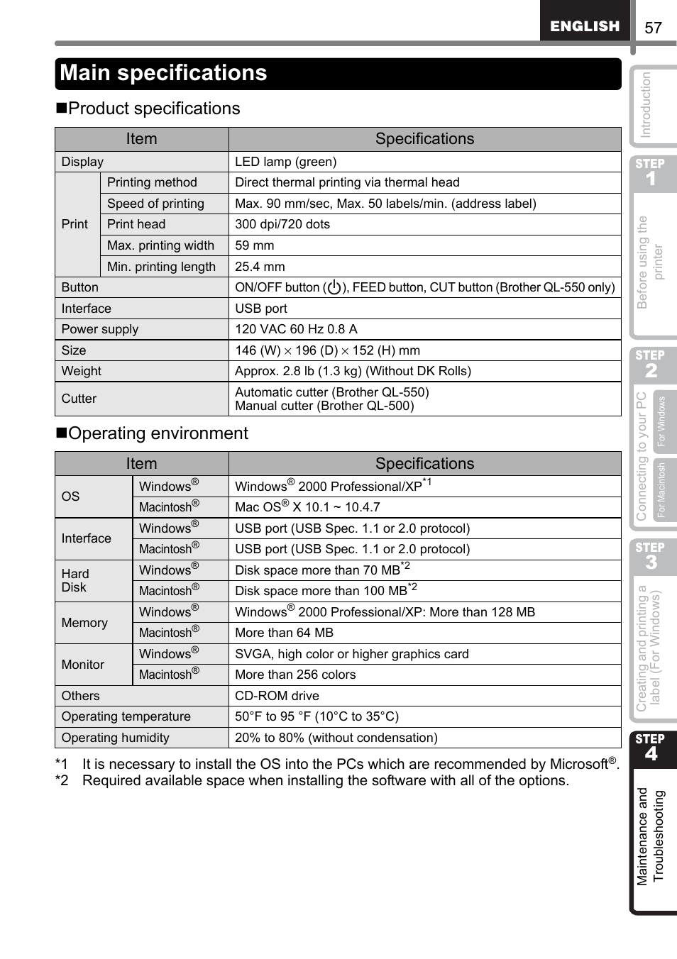 Main specifications, Product specifications  operating environment, Item specifications | Brother QL-500 User Manual | Page 57 / 118