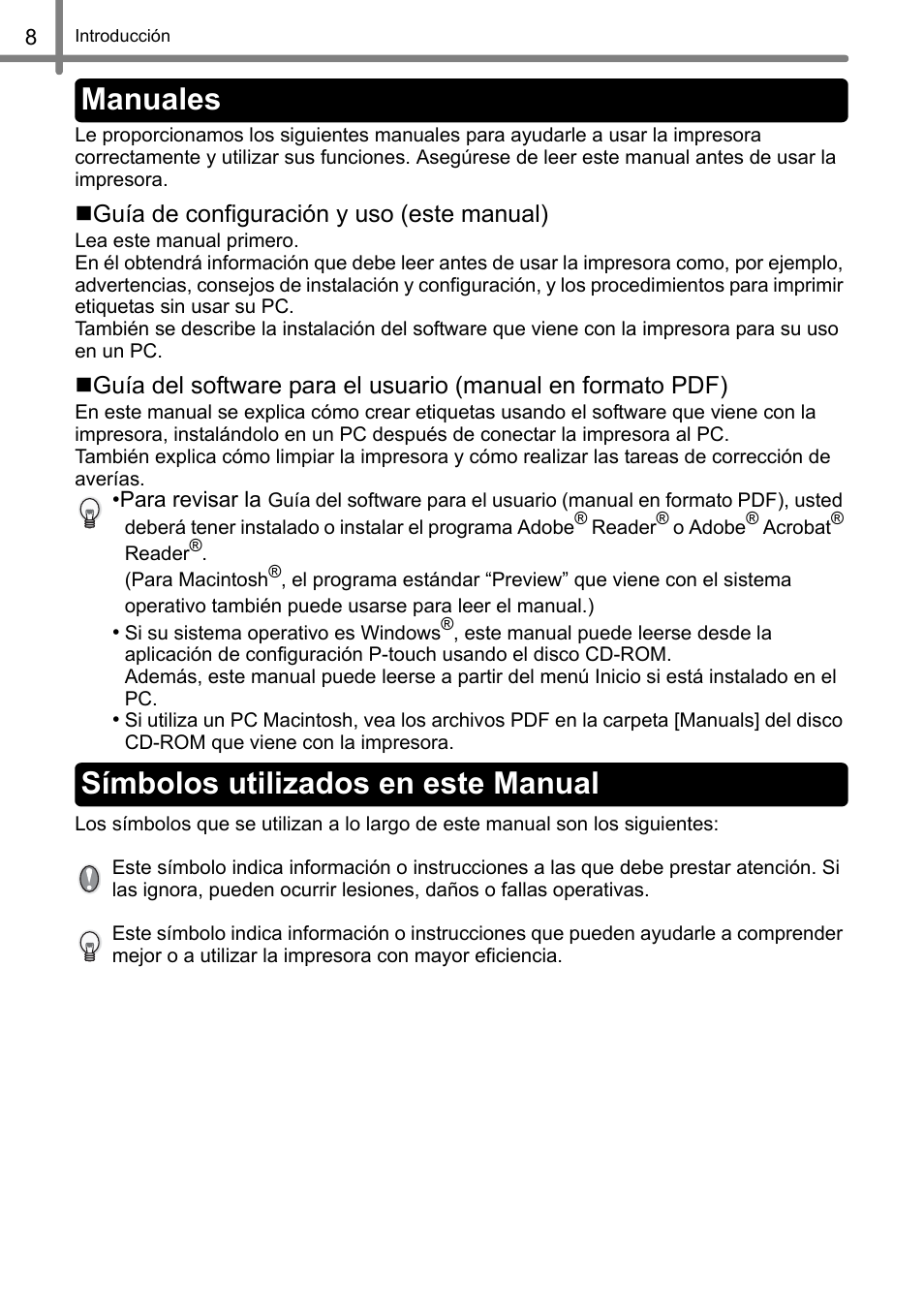 Manuales, Símbolos utilizados en este manual, Manuales símbolos utilizados en este manual | Brother QL-500 User Manual | Page 66 / 118