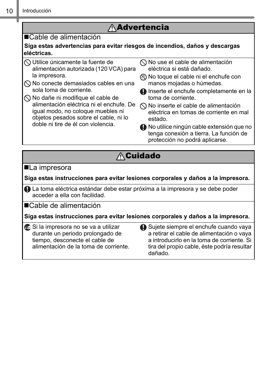 Cuidado, Advertencia | Brother QL-500 User Manual | Page 68 / 118