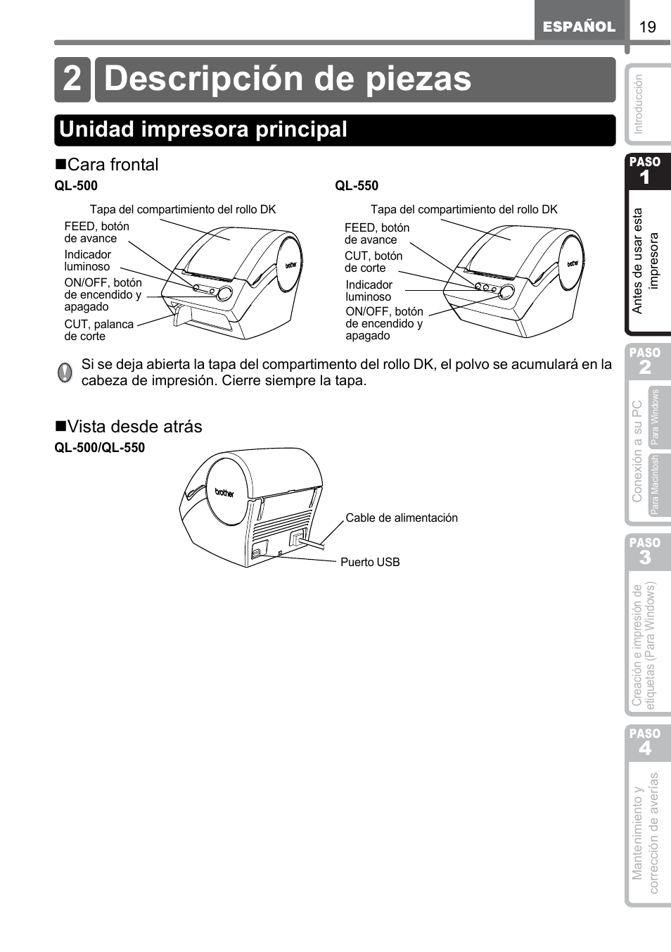 Descripción de piezas, Unidad impresora principal, 2 descripción de piezas | Cara frontal, Vista desde atrás | Brother QL-500 User Manual | Page 77 / 118