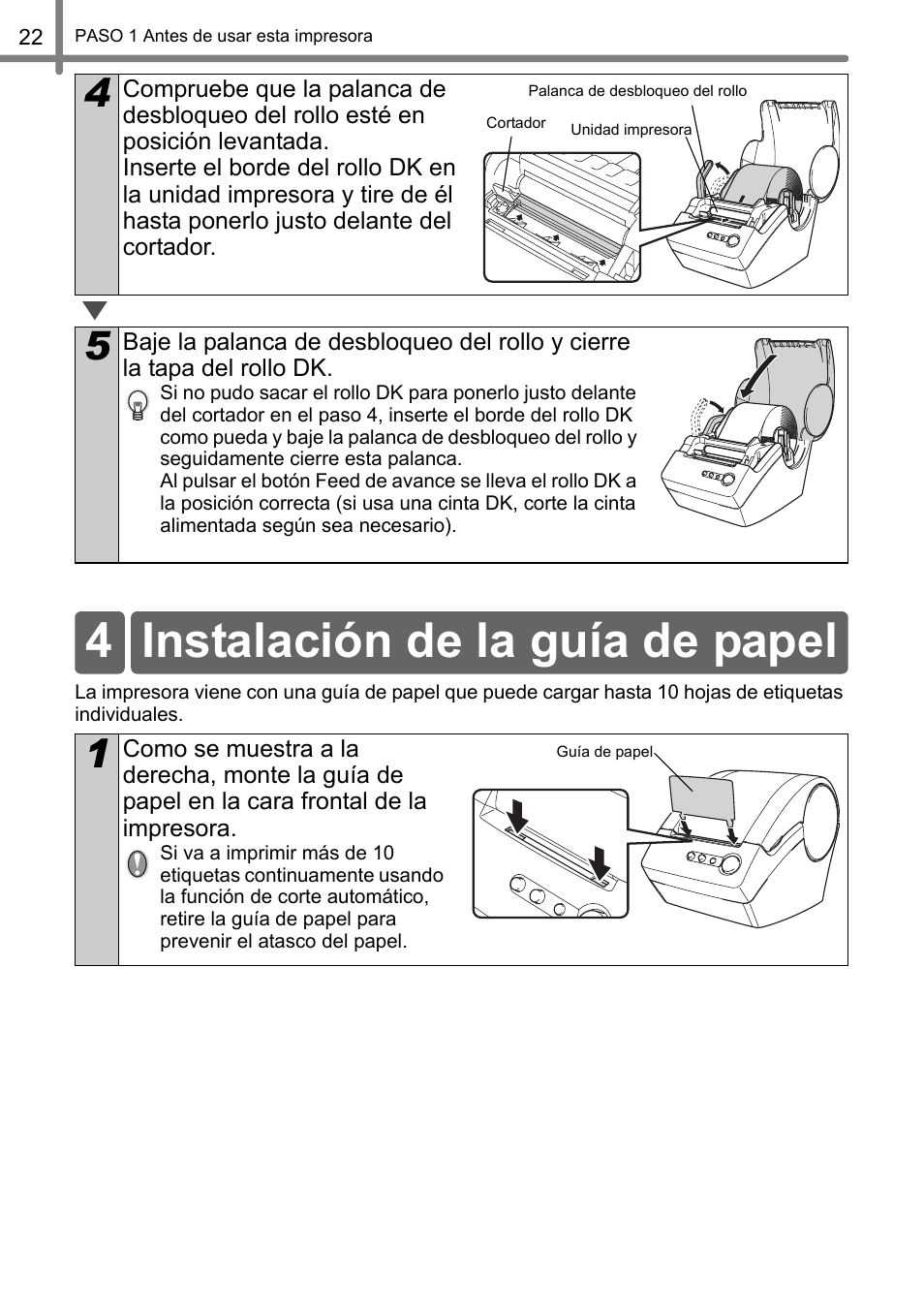 Instalación de la guía de papel, 4 instalación de la guía de papel | Brother QL-500 User Manual | Page 80 / 118