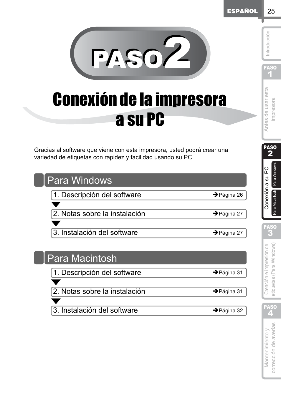 Conexión de la impresora a su pc, Step, Paso | Para windows para macintosh | Brother QL-500 User Manual | Page 83 / 118