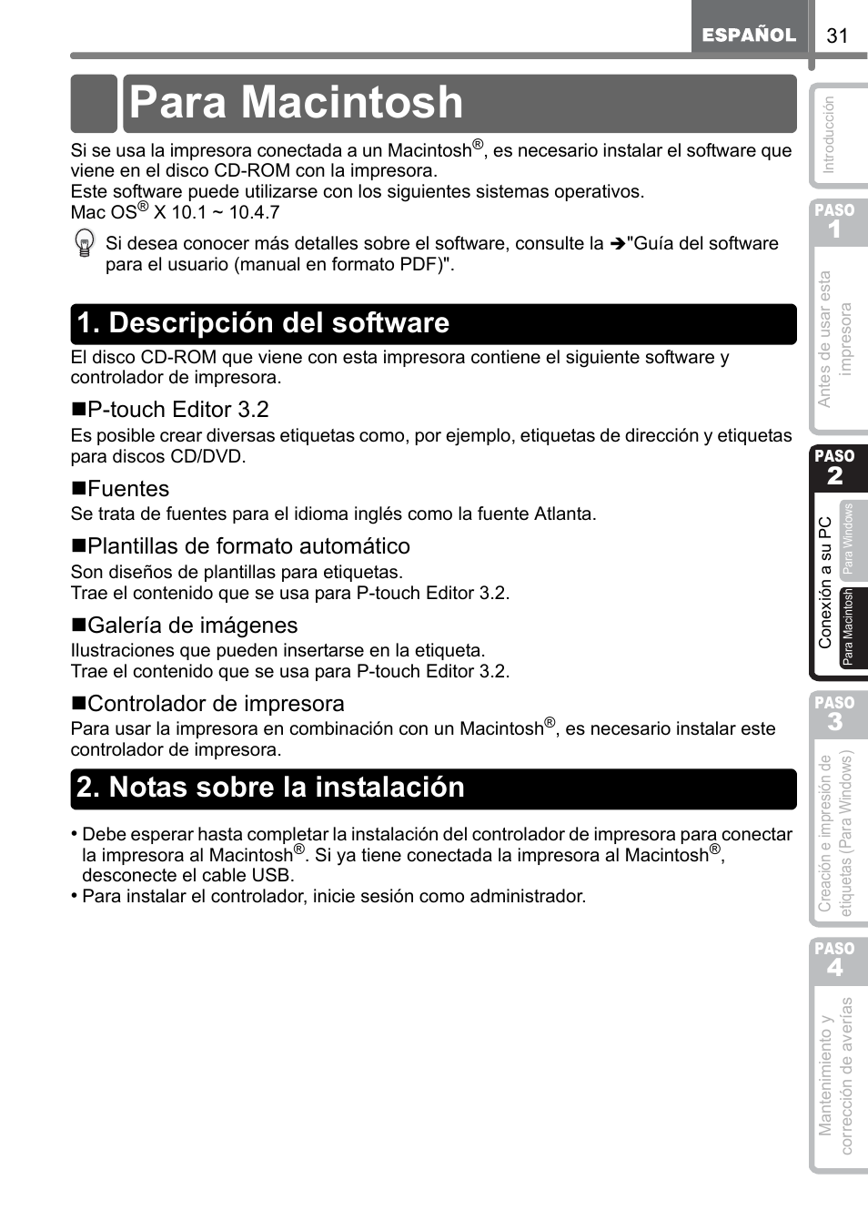 Para macintosh, Descripción del software, Notas sobre la instalación | Para macin, Tosh, Para mac, Intosh, P-touch editor 3.2, Fuentes, Plantillas de formato automático | Brother QL-500 User Manual | Page 89 / 118