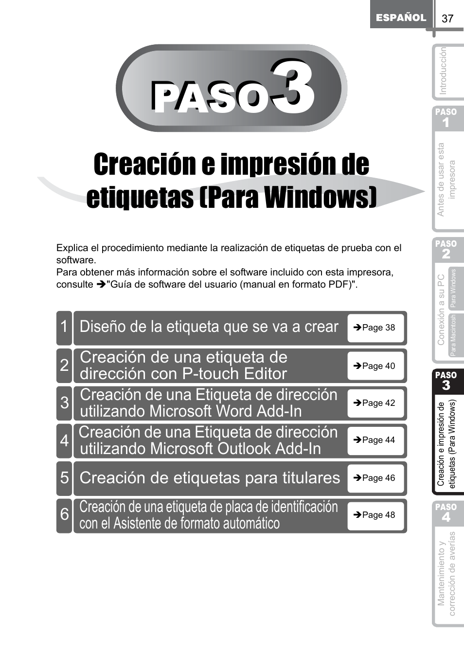 Paso, Creación e impresión de etiquetas (para windows), Diseño de la etiqueta que se va a crear | Creación de etiquetas para titulares | Brother QL-500 User Manual | Page 95 / 118