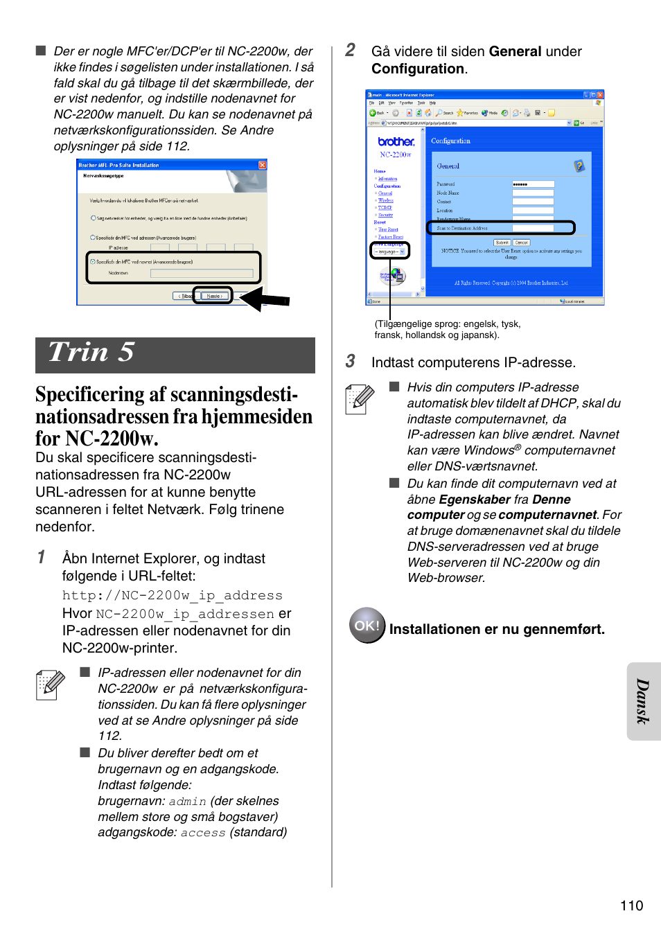 Trin 5, English, Dansk | Brother NC-2200W User Manual | Page 111 / 159