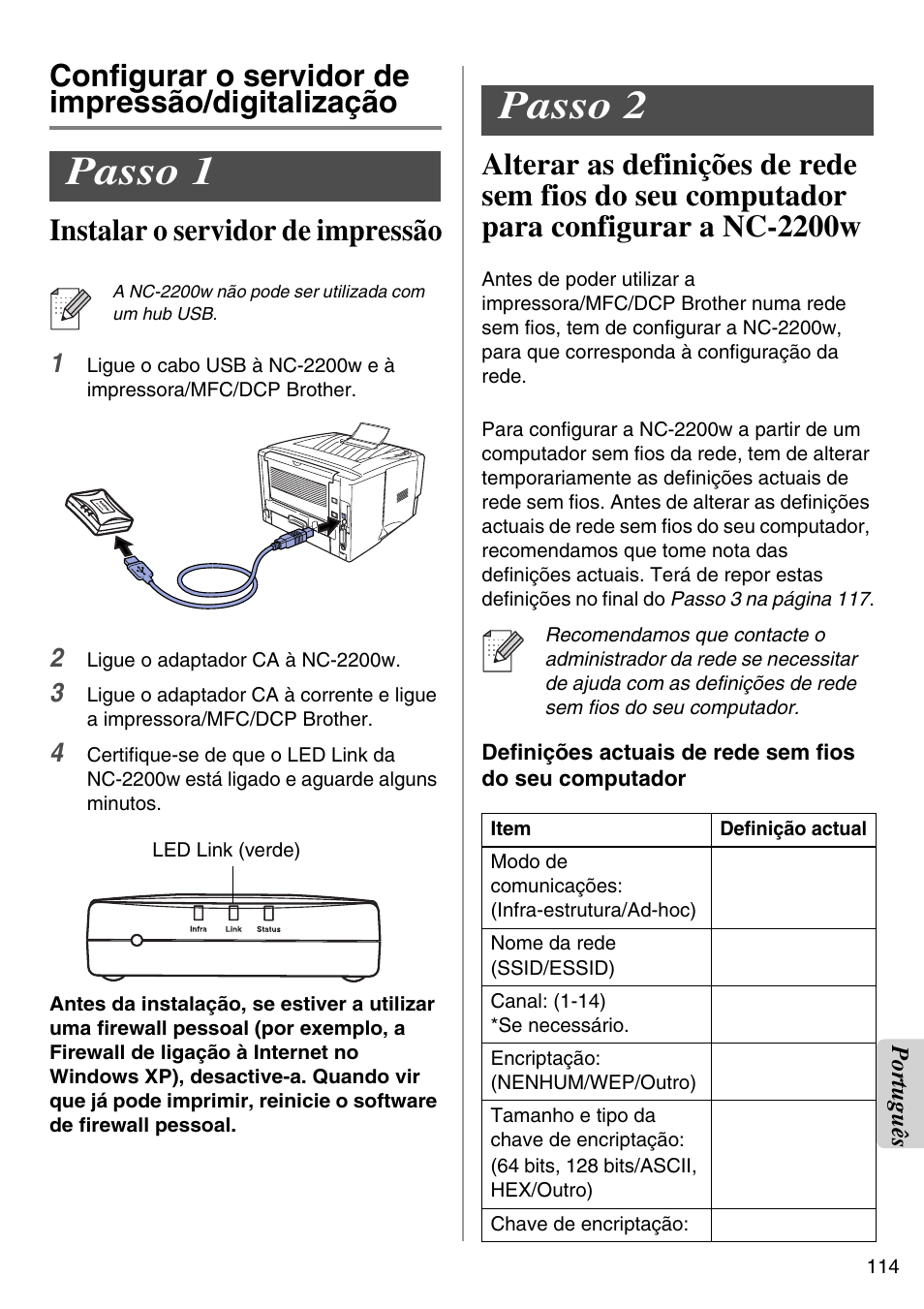 Configurar o servidor de impressão/digitalização, Passo 1, Passo 2 | English | Brother NC-2200W User Manual | Page 115 / 159