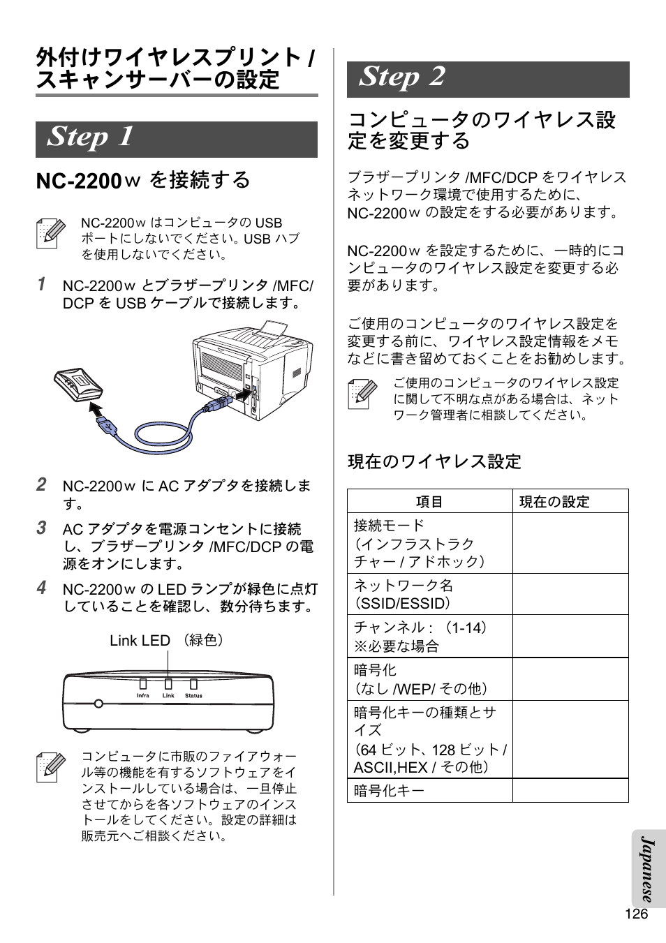Setting up the print/scan server, Step 1, Step 2 | 外付けワイヤレスプリント, スキャンサーバーの設定 nc-2200, Ｗ を接続する, コンピュータのワイヤレス設 定を変更する, English | Brother NC-2200W User Manual | Page 127 / 159