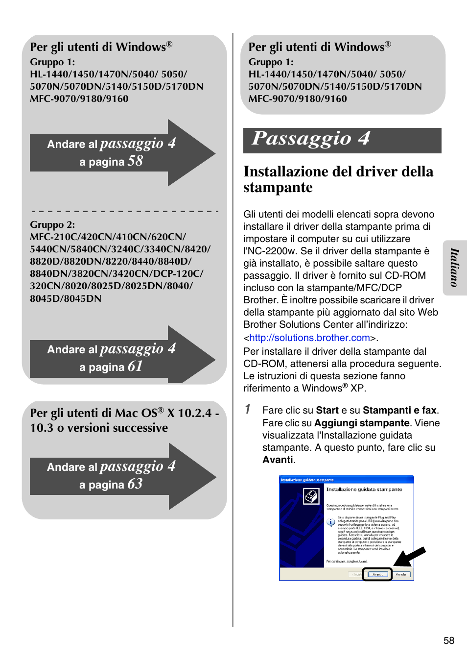 Installazione del driver della stampante, Passaggio 4 | Brother NC-2200W User Manual | Page 59 / 159