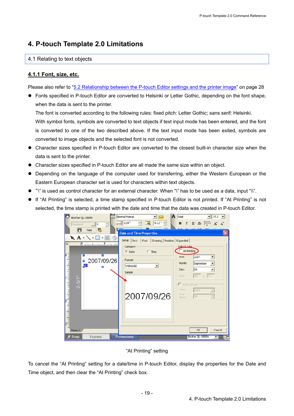 P-touch template 2.0 limitations, 1 relating to text objects, 1 font, size, etc | Brother RJ-4030 User Manual | Page 25 / 110