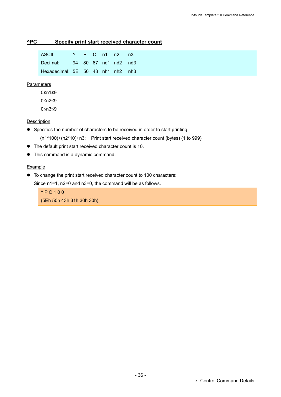 Pc specify print start received character count, Specify print start received character count | Brother RJ-4030 User Manual | Page 42 / 110