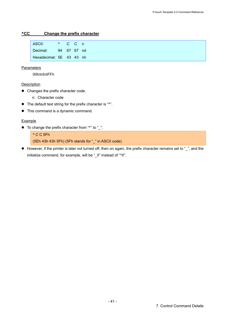 Cc change the prefix character, Change the prefix character | Brother RJ-4030 User Manual | Page 47 / 110