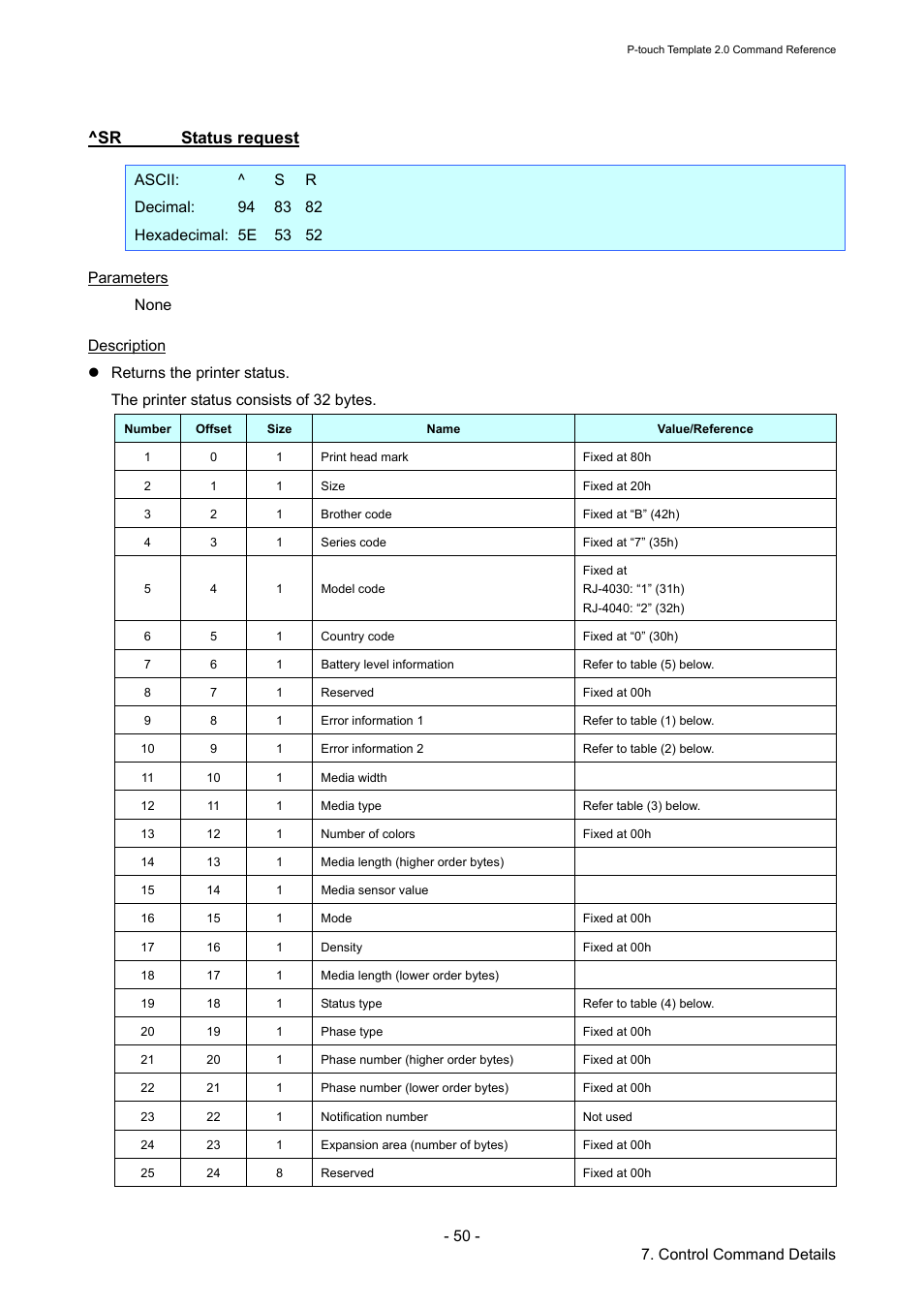 Sr status request, Status request, 50 - 7. control command details | Brother RJ-4030 User Manual | Page 56 / 110
