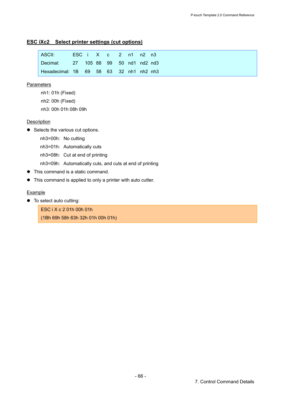 Esc ixc2 select printer settings (cut options), Esc ixc2, Select printer settings (cut options) | Brother RJ-4030 User Manual | Page 72 / 110