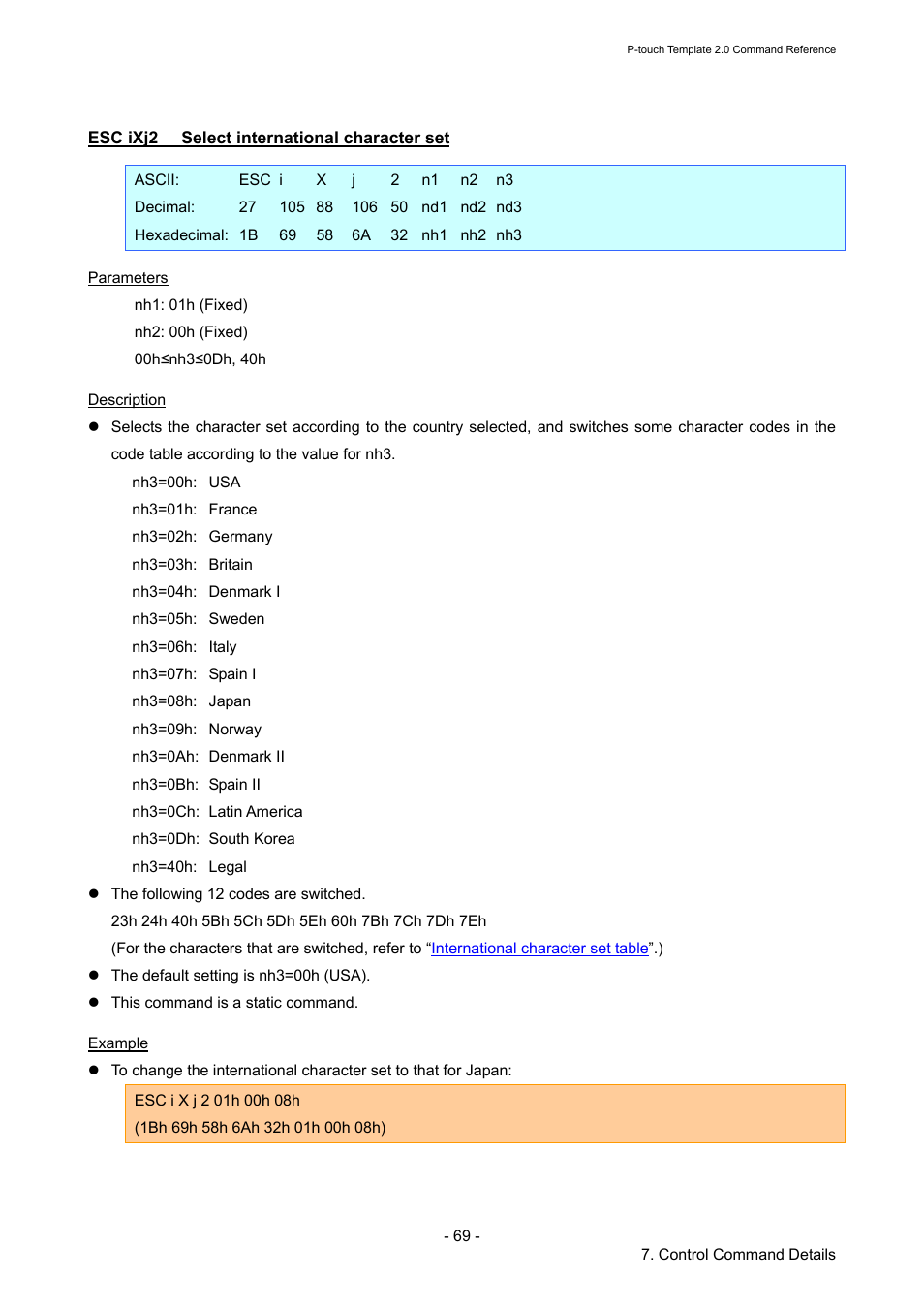 Esc ixj2 select international character set, Esc ixj2, Select international character set | Brother RJ-4030 User Manual | Page 75 / 110