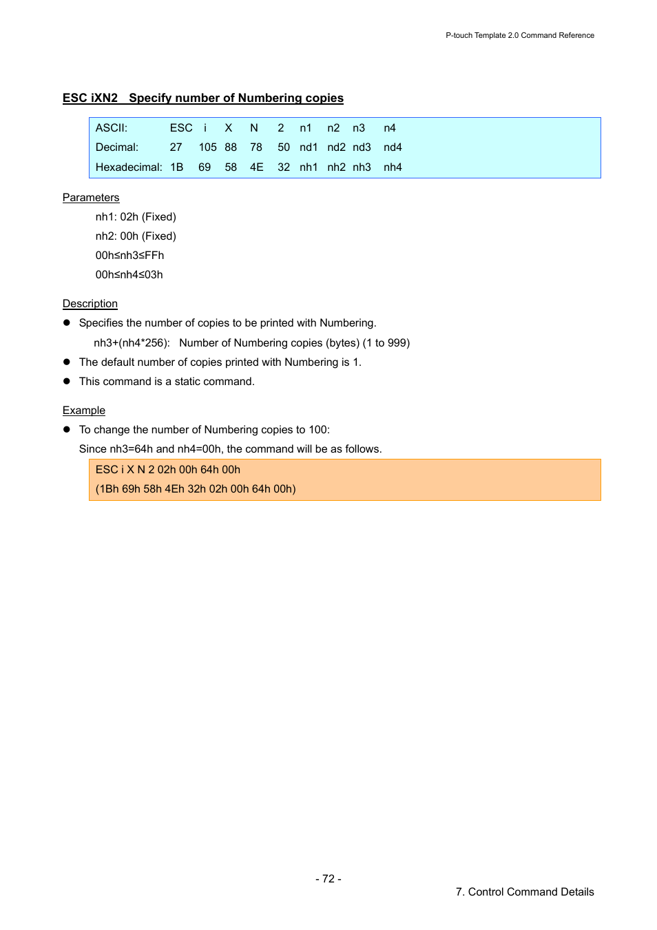 Esc ixn2 specify number of numbering copies, Esc ixn2, Specify number of numbering copies | Brother RJ-4030 User Manual | Page 78 / 110
