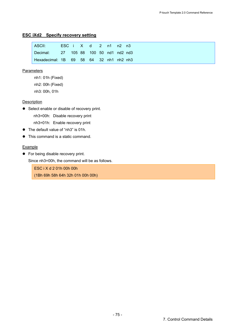 Esc ixd2 specify recovery setting, Esc ixd2, Specify recovery setting | Brother RJ-4030 User Manual | Page 81 / 110