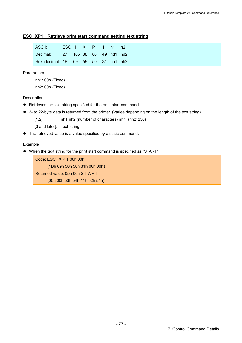 Esc ixp1, Retrieve print start command setting text string | Brother RJ-4030 User Manual | Page 83 / 110