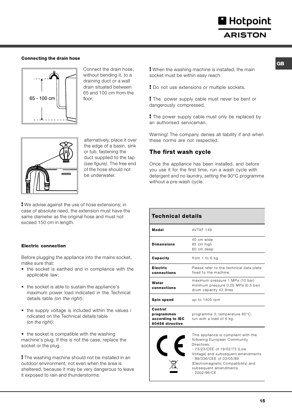 The first wash cycle | Hotpoint Ariston AVTXF 149 User Manual | Page 15 / 72