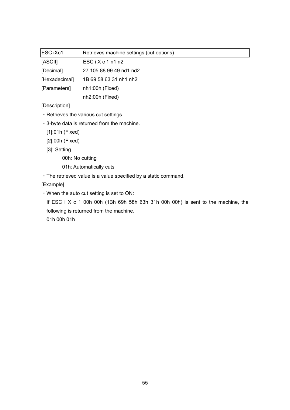 Esc ixc1 retrieves machine settings (cut options), Esc ixc1, Retrieves machine settings (cut options) | Brother TD-4100N User Manual | Page 75 / 88