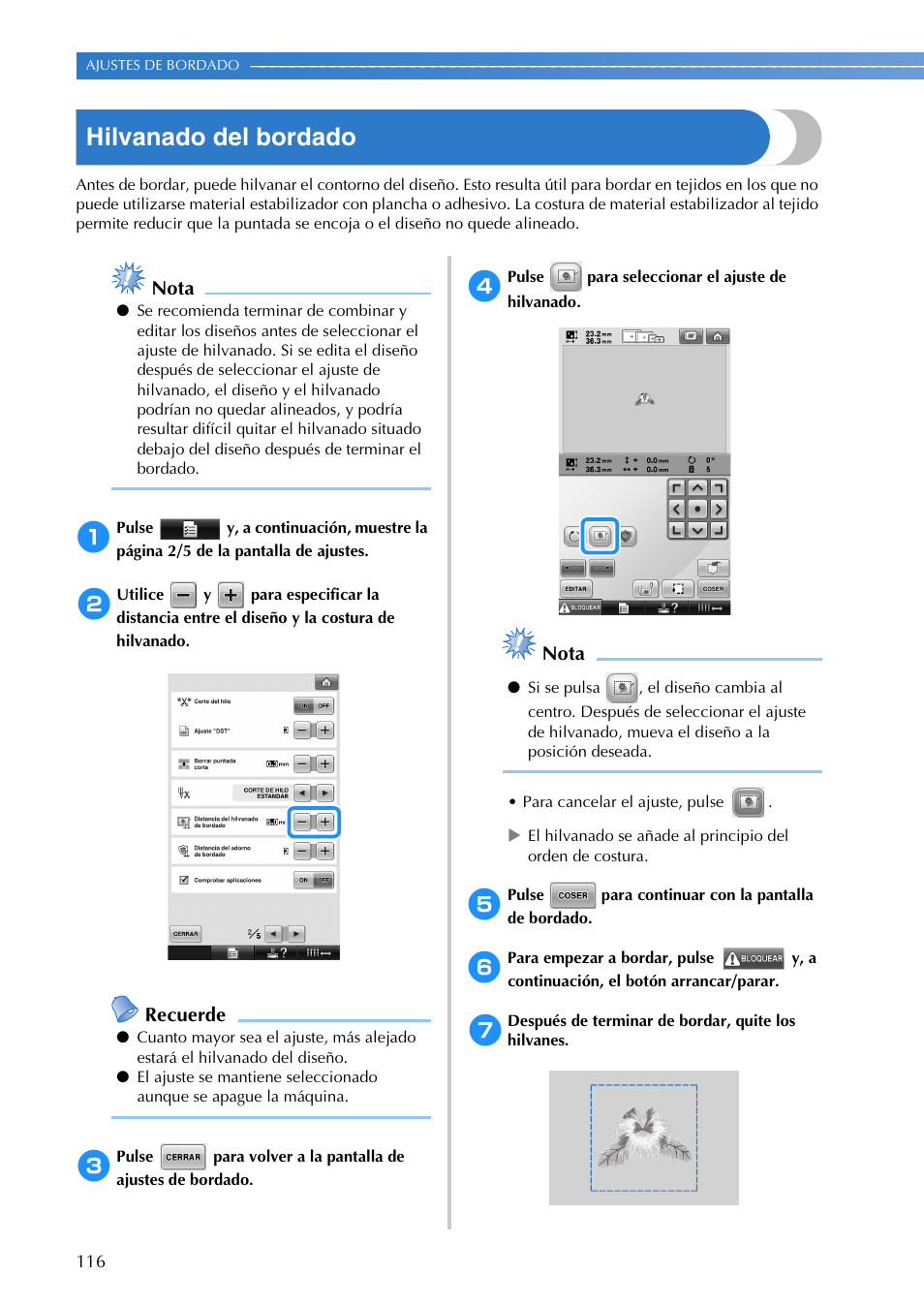 Hilvanado del bordado, Nota, Recuerde | Brother PR655 User Manual | Page 118 / 280